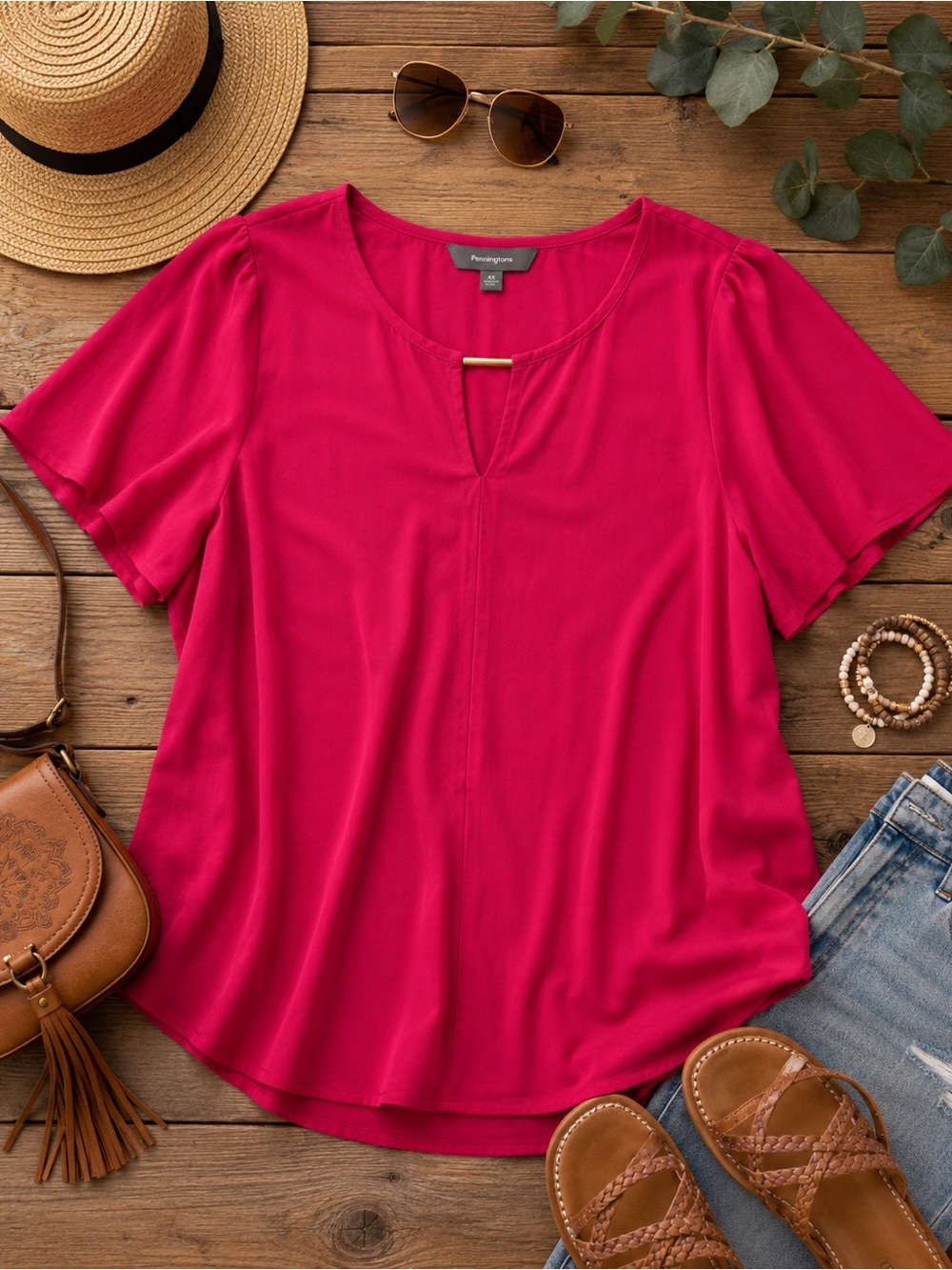 Penningtons 4X Fuchsia Keyhole Blouse | Flutter Sleeves | Plus Size